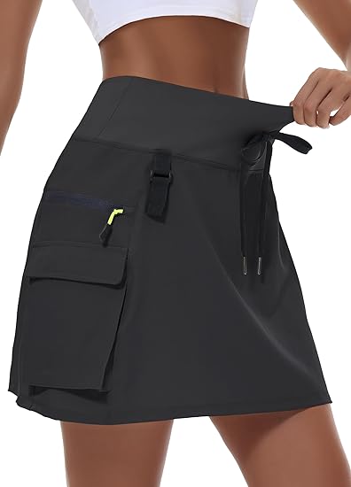 Women's hiking short skirt, high waist golf casual wear with zipper pockets, sports quick-drying skirt - Black