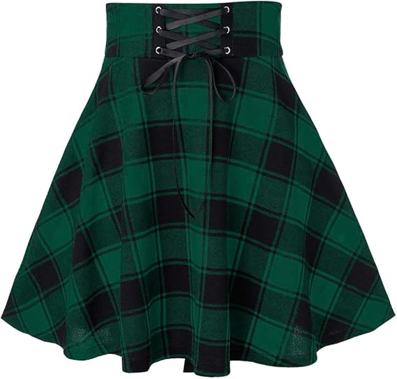 Plaid Mini Skirts for Women Short High Waist Plaid Skirts - Black-Green