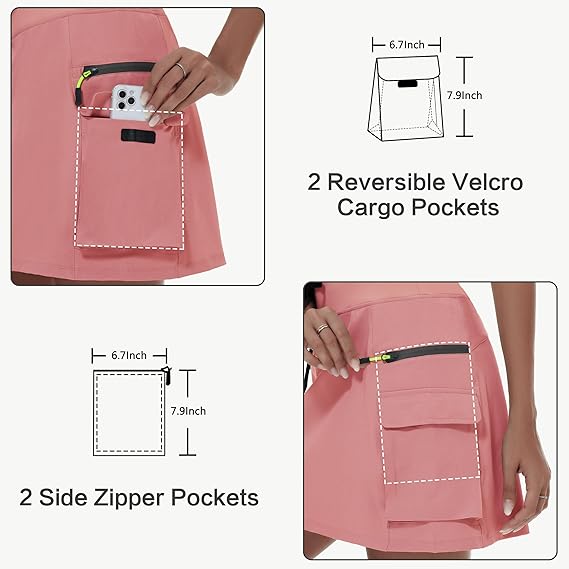 Women's hiking short skirt, high waist golf casual wear with zipper pockets, sports quick-drying skirt - Pink