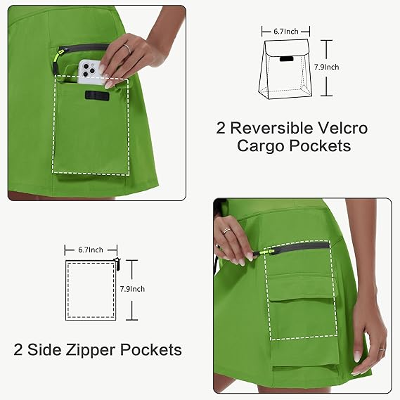 Women's hiking short skirt, high waist golf casual wear with zipper pockets, sports quick-drying skirt - Green