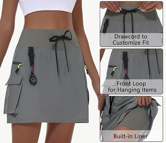 Women's hiking short skirt, high waist golf casual wear with zipper pockets, sports quick-drying skirt - Grey