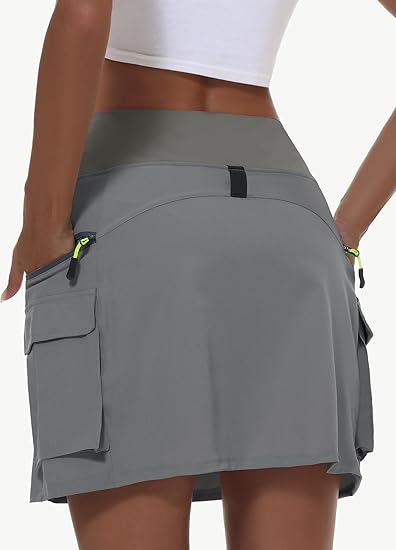 Women's hiking short skirt, high waist golf casual wear with zipper pockets, sports quick-drying skirt - Grey