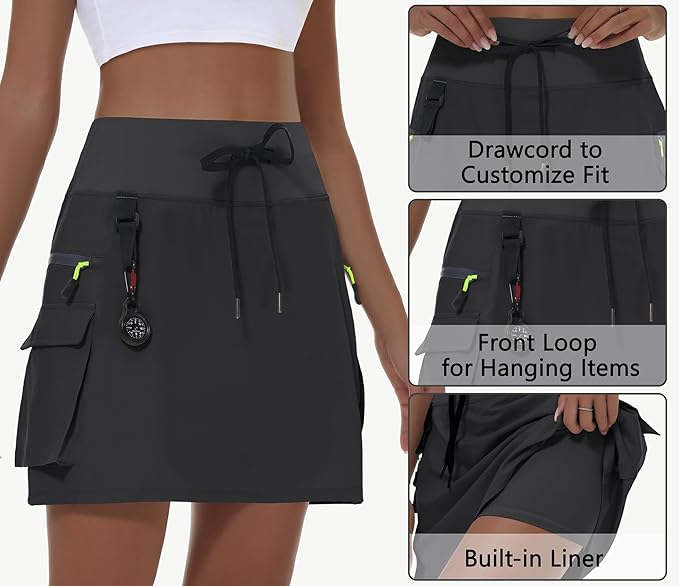 Women's hiking short skirt, high waist golf casual wear with zipper pockets, sports quick-drying skirt - Black
