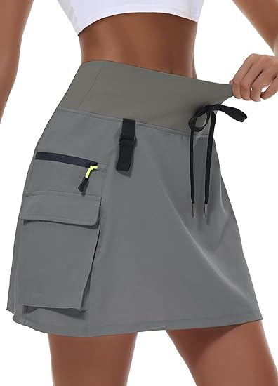 Women's hiking short skirt, high waist golf casual wear with zipper pockets, sports quick-drying skirt - Grey