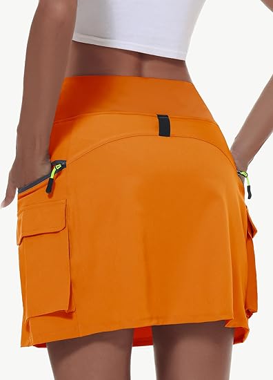 Women's hiking short skirt, high waist golf casual wear with zipper pockets, sports quick-drying skirt - Orange Color