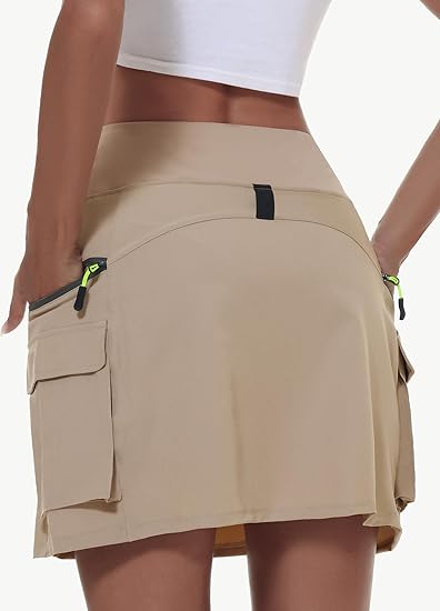 Women's hiking short skirt, high waist golf casual wear with zipper pockets, sports quick-drying skirt - Brown