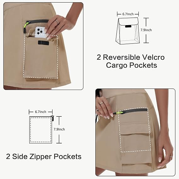 Women's hiking short skirt, high waist golf casual wear with zipper pockets, sports quick-drying skirt - Brown