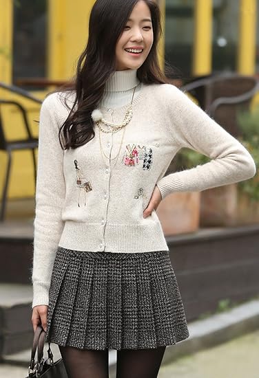 Women's Casual Plaid High Waist A-Line Wool Pleated Short Skirt - Black