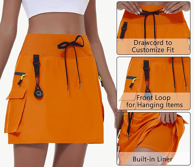 Women's hiking short skirt, high waist golf casual wear with zipper pockets, sports quick-drying skirt - Orange Color
