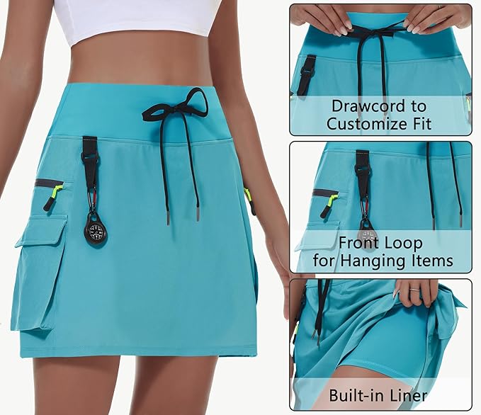 Women's hiking short skirt, high waist golf casual wear with zipper pockets, sports quick-drying skirt - Cyan-Blue