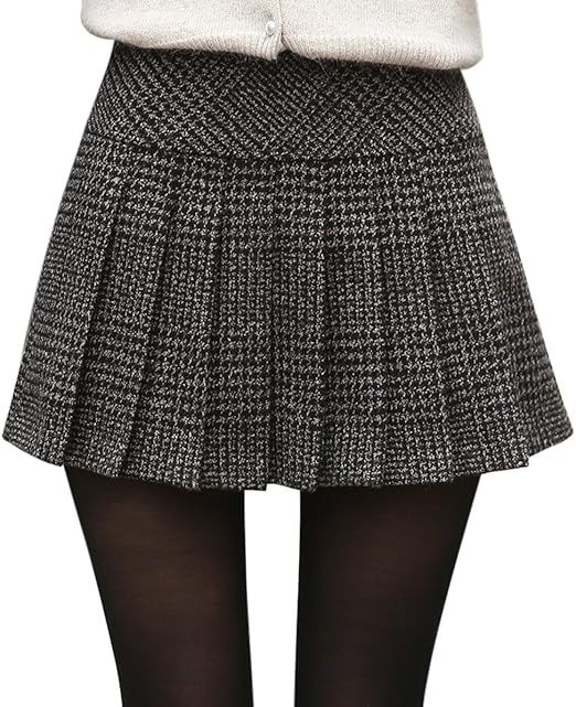 Women's Casual Plaid High Waist A-Line Wool Pleated Short Skirt - Black